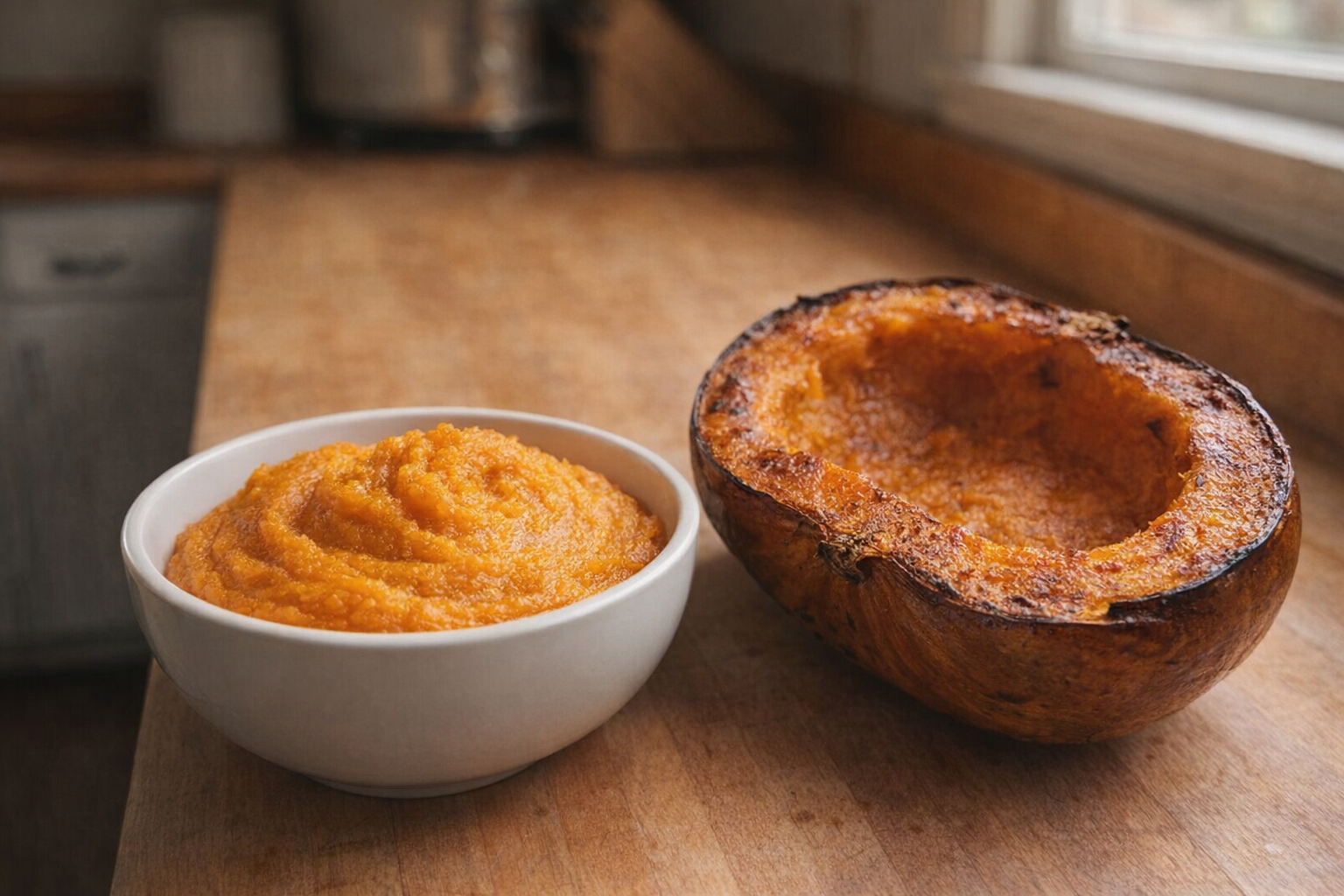 A bowl of vibrant orange pumpkin puree sits next to a roasted sugar pumpkin half, warm lighting